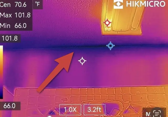 Thermal image showing moisture in a ceiling