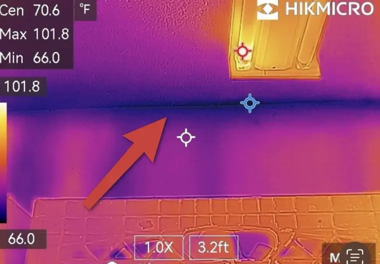 Thermal image showing moisture in a ceiling