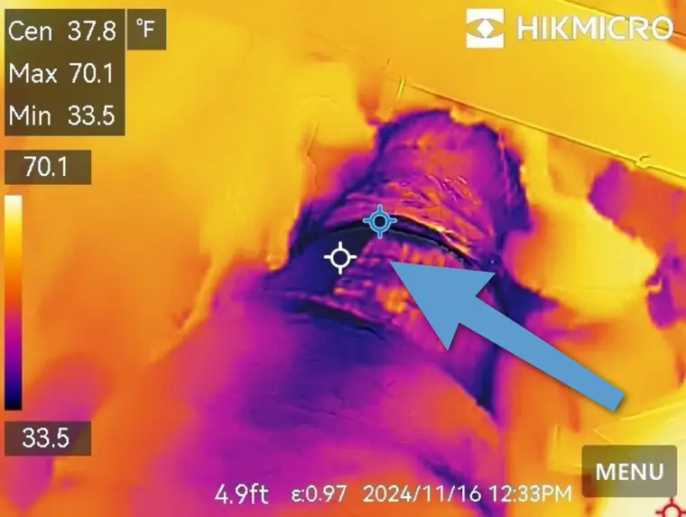 Thermal image showing moisture around a duct